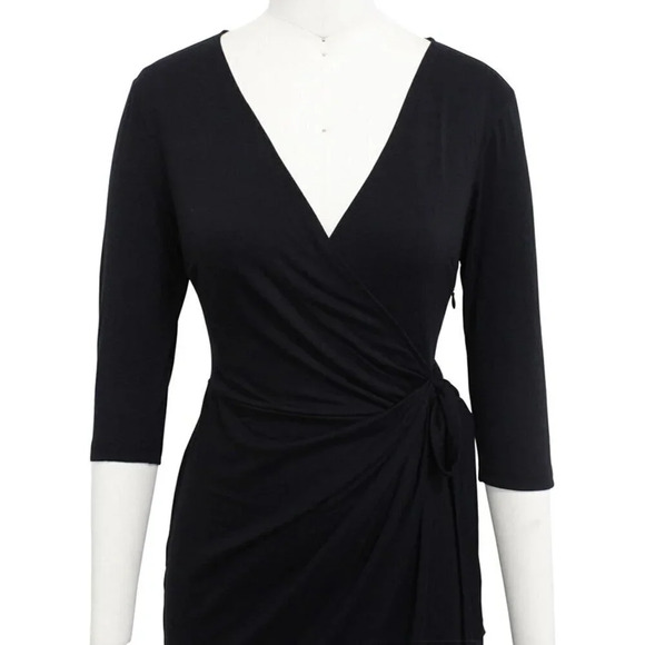 Women's 3/4 Sleeve V-Neck Casual Party Work Faux Black Wrap Dresses - Black - Picture 5 of 6